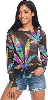 [RPLIFE] Neon Cannabis Leaves Black Womens Mesh Top, Sheer Mesh Top S-XXL