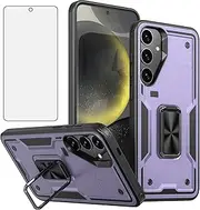 Asuwish Phone Case for Samsung Galaxy S24 FE 5G with Tempered Glass Screen Protector Cover and Cell Accessories Kickstand Ring Holder Hybrid Slim Protective S 24 EF S24FE 24S G5 Women Men Purple