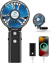 KIBEE Portable Handheld Fan - 5200mAh USB Rechargeable [20H Max Runtime] with Power Bank, Foldable 180° Mini Personal Fan, 3-Speed with Stand for Travel/Outdoor/Makeup/Concerts (Black)
