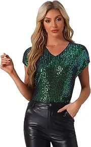 [Allegra K] Sequin Tops for Women's Short Sleeve V Neck Party Sparkly Metallic Top
