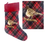 Pottery Barn Cardinal Christmas Stocking Plaid Beads and Sequins Red Gray
