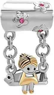[LSxAB] Girl Swing Charm Competible with Pandora Charm Bracelets Women Pink Flower CZ Family Daughter Granddaughter Girlfriend Sister Birthday, Metal, No Gemstone