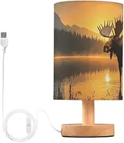 [ZRYSMY] Table Lamp Moose Sunset Landscape with USB Port for Living Room Nightstand Lamp with Linen Fabric Shade Small Bedside Lamps for Bedroom, Dorm, Office (LED Bulb Included)