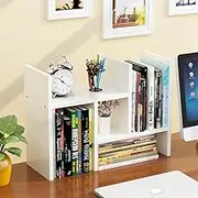 Office Desktop Bookshelf Adjustable Large Wood Display Shelf Desktop Organizer Office Storage Rack Countertop Bookcase Office Supplies Desk Organizer Accessories (White)