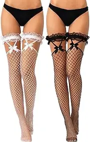[Geyoga] 2 Pairs Fishnet Stockings with Lace Top Bows Thigh High Hold-Up Stockings for Women