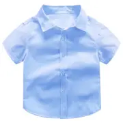 Boys Kids Blue Short Sleeve School Shirt Open Neck With Lay Back Collar