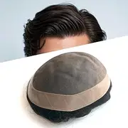 Hywel Toupee for Men with 100% Real Human Hair, Mono Top with Poly Coating Around Cap Mens Wig, Wave Hair Pieces Replacement for Men System Off Black #1B (5 * 7 Inches)