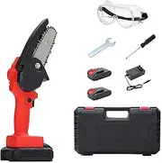 Wood Ranger Mini Chainsaw, Electric 4 Inch Mini Chainsaw with Goggles, Cordless Portable Electric Chain Saw, Battery Powered, Wood/Tree Trimming Tools for Household and Garden(Red+2*battery)