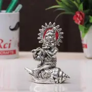 Lord Krishna On Shankh Playing Flute Metal Sculpture Statue Idol Figurine