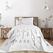 Lunarable Fly Fishing Bedspread, Outline Sketchy Drawings of Fishing Accessories Fisherman Tools, Decorative Quilted 2 Piece Coverlet Set with Pillow Sham, Twin Size, Charcoal Grey