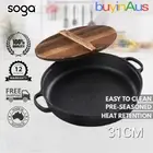 SOGA 31cm Cast Iron Pre-seasoned Deep Paella Fry Pan Skillet Pot with Wooden Lid
