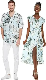 [Hawaii Hangover] Matchable Couple Hawaiian Luau Shirt or Wrap Ruffle Dress in Wispy Cereus Light Blue