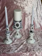 Gray Wedding Unity Candle/Candleholders Pearls, Rhinestones, Lace