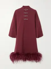 [Huishan Zhang] Huishan Zhang - Meiling Feather-trimmed Crystal-embellished Recycled-crepe Mini Dress - Burgundy - UK 10 UK 10 Burgundy