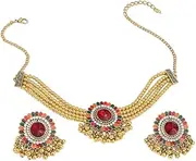 [NewZenro] Colorful Enamel Disc Flower Red CZ Beaded Tassel Stud Earrings Layered Choker Pendant Necklace Set for Women Gold Plated Vintage Indian Traditional Fashion Trendy Bollywood Jewelry, 16.916 Inches