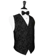 Black Luxury Satin Tapestry Paisley Tuxedo Vest and Pre Tied Bow Tie
