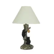 Rustic Black Bear Cubs Climbing Tree For Honey Table Lamp Beige Fabric Shade