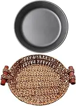 iplusmile 1Set Round Non Stick Grill Plate with Rattan Basket Iron Fry Pan for Steaks Fish Cheese for Barbecue Serving and Home Entertaining