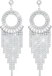 [Generic] Long Round Sparkle Cristals Tassels Earring for Women/Safety Pin Earrings for Women Silver Chandelier Tassel Dangle Drop Earrings Party Jewelry