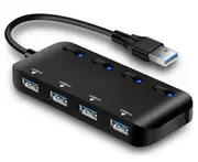 Four-Port USB 3.0 Hub with Individual Power Switches and LEDs-Black