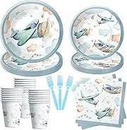 Airplane Birthday Party Supplies - Airplane Decorations Tableware, Paper Plate, Cup, Napkin, Fork, Baby Shower Dinnerware | Serve 24