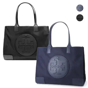 TORY BURCH ELLA系列 縫線皮革大LOGO尼龍肩背托特包(小款/2色任選)