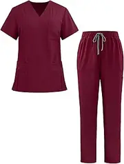 Ausing Unisex Scrub Set Slip-On Tunic + Slip-On Trousers Set Medical Doctor Uniform Unisex Slip-On Jacket Top, Claret, Large