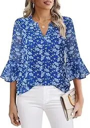 [VALOLIA] Womens 3/4 Sleeve Tops Dressy Casual Chiffon Blouses Floral Print V-Neck Work Office Shirts