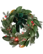 National Tree Company 24in Magnolia Mix Pine Wreath with LED Lights & Bow