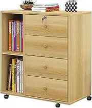 Wooden Mobile File Cabinet, Drawer with Lock, Office Floor Storage Cabinet for Data and Supplies