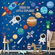 DECOWALL DSL-8058 Outer Space Wall Decals Stickers Kids Bedroom Room décor Nursery Boys Galaxy Stars Astronaut Planets Solar System Dark Removable Decoration Living Spaceship Window Art Mural Peel