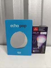 Amazon Echo Pop Alexa Glacier White New w/ Globe LED Smart Bulb Color Changing