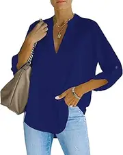 TcIFE Women's Roll-Sleeve V-Neck Top - 100% Polyester Soft Silky Stretchy Shirt with 3/4 Sleeve Option, Flattering Pleated Back & Curved Hem