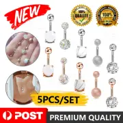 5x Navel Belly Bar Piercing Ring Crystal Zircon Surgical Steel Silver Jewellery