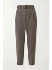 [Purdey] Purdey - Cropped Belted Pinstriped Linen And Wool-blend Twill Tapered Pants - Brown - UK 12 UK 12 Brown