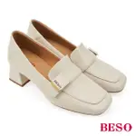 【A.S.O 阿瘦集團】BESO質感層次金釦粗跟樂福鞋(米色)