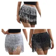 Beach Belly Skirt 3 Layers Tiered Sequins Tassels Fringed Mini Skirt Hip Scarf