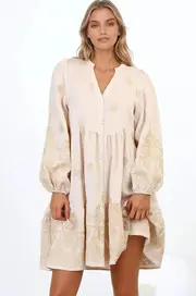 Brooke Mini Dress - Mandarin Collar Embroidered Button Down Dress with Pockets in Beige