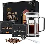 French Press Coffee Maker With 9 Flavoured Ground Coffee, Measuring Spoons - Cafetiere Gift Set for Men and Women