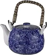 FMC Fuji Merchandise Corp Kagetsu Traditional Japanese Style Ceramic Dobin Teapot w/Rattan Handle 25 fl oz Teapot with Stainless Steel Infuser Strainer Loose Leaf Tea Blue Umei Plum Blossom Design