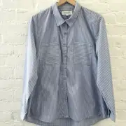 Pink Rose Womens Top Size Large Blue White Striped Button Up Cotton Shirt Preppy