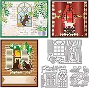 GLOBLELAND Window Frame Cutting Dies for DIY Scrapbooking Metal Brick Wall Backgroud Cat Cut Dies Flowers Leaves Butterflies Die Cuts for Card Making Embossing