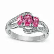 Oval Lab-Created Pink and White Sapphire Three Stone Bypass Ring in Sterling Silver