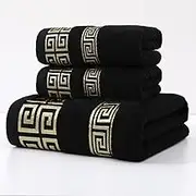 Highly Absorbent Embroidered Bath Towel Set of 3, 100% Cotton Towels for Bathroom, 1 Bath Towel 2 Hand Towels, Super Soft and Absorbent (Black)