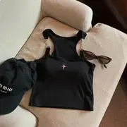 Scoop Neck Star Accent Buckled Padded Crop Tank Top Black - One Size