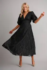 Women's Cocktail Opulence Midi Dress Half Sleeve in Black Floral Organza Jacquard 8