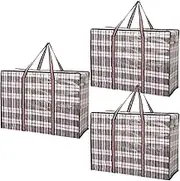 3 Set of Large Heavy Duty Checkered Tote Bags with Zipper and Handles for Moving Laundry and Storage of Clothes Bedding Duvets Comforte,storage bags,moving bags