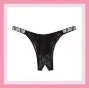 Victoria's Secret Shine Strap Crotchless Panty Black Lace Valentine’s Day Small