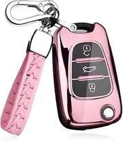 ontto TPU Car Key fob Cover Fit for Hyundai i20 i30 i35 iX20 iX35 Verna KIA Rondo Sportage Soul Rio Ceed Picanto Folding Key case Shell Keyring Key Holder Bag Keychain Accessories Pink