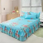 Zhiyuan Double Layers Ruffled Bedspread Sheet Set Floral Bed Skirt and Pillow Shams Set, 150 x 200 x 35 cm, Dark Sky Blue